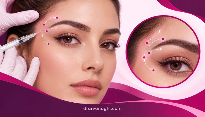 تصویر شماتیک نحوه تزریق بوتاکس چشم گربه ای و نمایش نقاط تزریق در اطراف چشم و انتهای ابرو