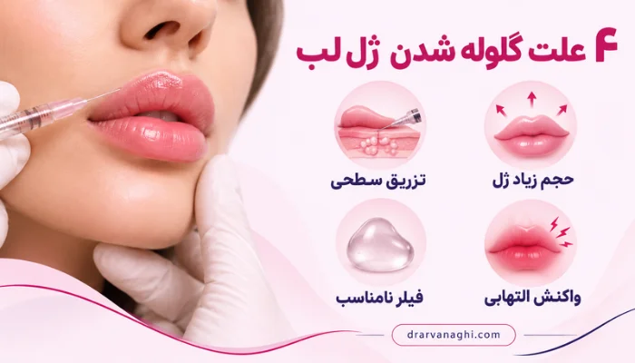 ۴ علت گلوله شدن ژل لب شامل تزریق سطحی، حجم زیاد ژل، فیلر نامناسب و واکنش التهابی