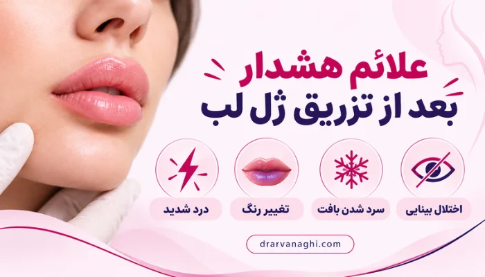 علائم خطرناک بعد از تزریق ژل لب شامل درد شدید، تغییر رنگ لب، سرد شدن بافت و اختلال بینایی